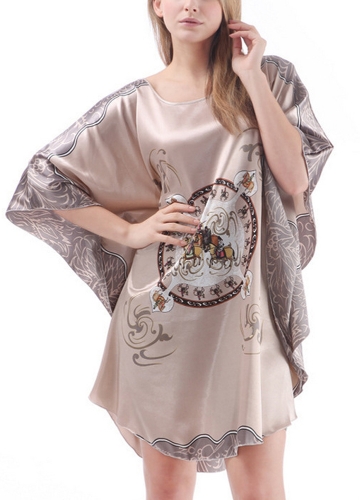 

Women Print Batwing Sleeve Nightgown Round Neck Silk Satin