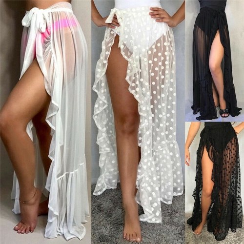 

Sexy Women Mesh Sheer Cover Up Sunscreen Wrap Skirt Solid Color Polka Dot Ruffles High Waist Split Skirt