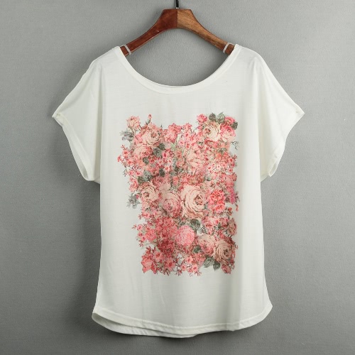 

Casual Special Print O-Neck Short Batwing Sleeve Loose White T-shirt for Women