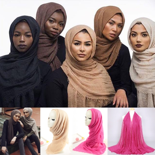 

Мода женщин Hijab Bubble Plain Long Scarf Crimp Frayed Edge Muffler Pashmina Muslim Shawls