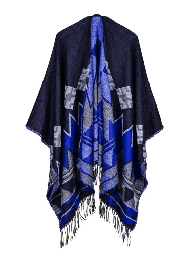 Moda mujer Poncho Cardigan Sweater geométrico borlas Fringed Faux Cashmere