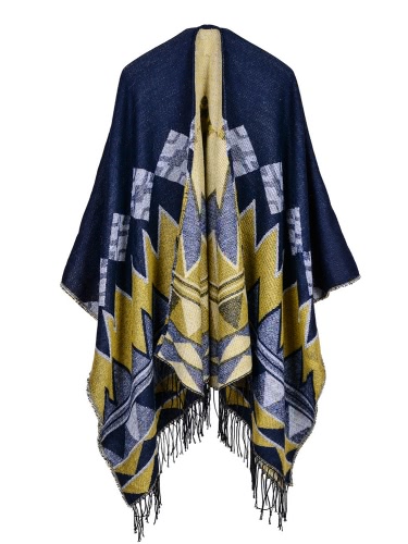 

Fashion Women Poncho Cardigan Sweater Geometric Tassels Fringed Faux Cashmere