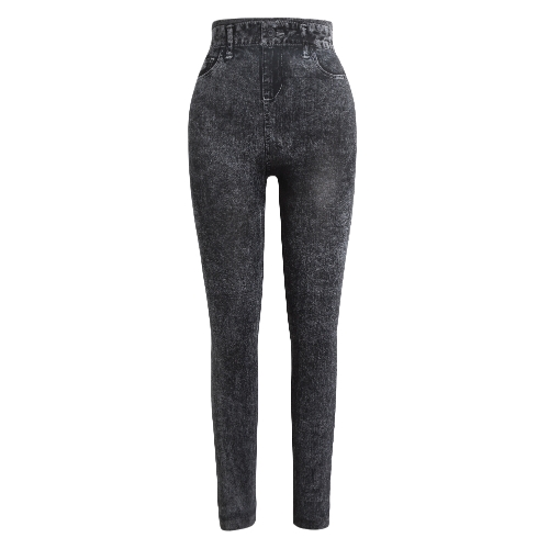 Mulheres Leggings Faux Denim Jeans Printed Skinny Trousers Casual Tights Stretch Slim Pencil Calças