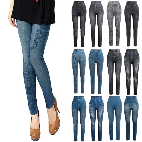 

Женские поножи Faux Denim Jeans Печатные тощие брюки Casual Tights Stretch Slim Pencil Pants