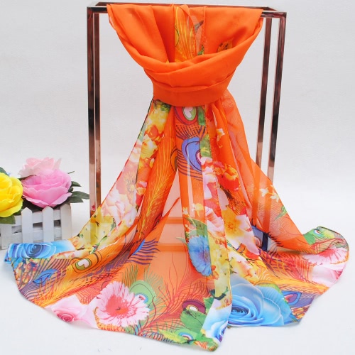 

Fashion Women Chiffon Scarf Feather Floral Print Contrast Color Beach Thin Long Shawl Pashmina
