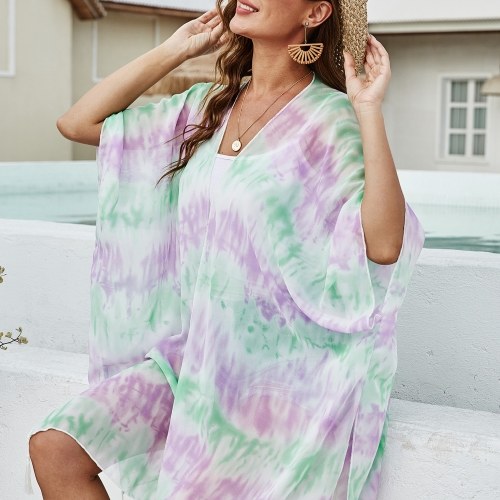 

Women Loose Chiffon Kimono Floral Print Half Sleeve Open Front Tassels Cardigan Summer Beach Boho Bikini Cover Up