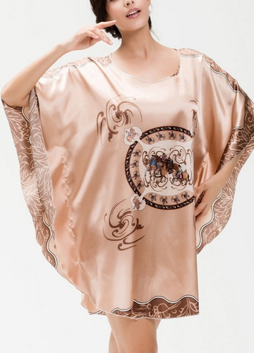 

Women Print Batwing Sleeve Nightgown Round Neck Silk Satin