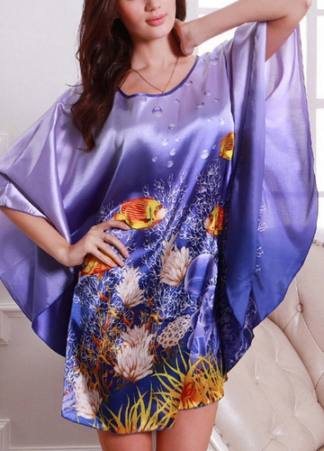 

Women Print Batwing Sleeve Nightgown Round Neck Silk Satin