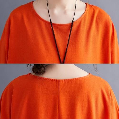 

Vintage Women Cotton Linen Dress Spliced O Neck Short Sleeve Pocket Loose Dress