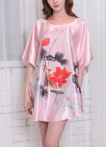 

Women Print Batwing Sleeve Nightgown Round Neck Silk Satin