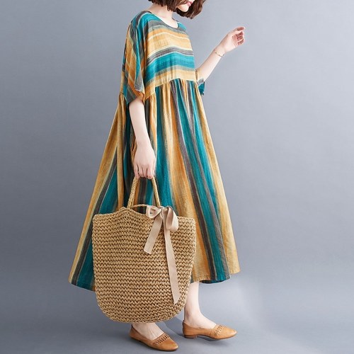 

Summer Vintage Women Cotton Linen Dress Print Spliced Striped O Neck Short Sleeve with Pocket Loose Dress
