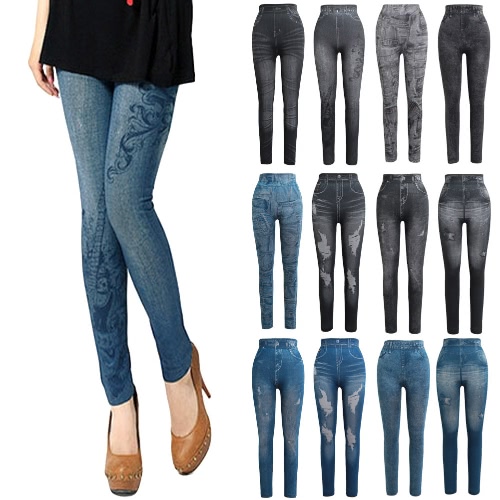 

Women Leggings Faux Denim Jeans Printed Skinny Trousers Casual Tights Stretch Slim Pencil Pants