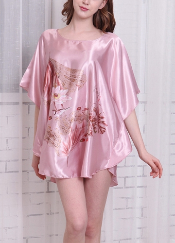 

Women Print Batwing Sleeve Nightgown Round Neck Silk Satin