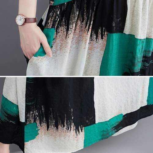 

Summer Vintage Women Cotton Linen Dress Print Spliced Striped O Neck Short Sleeve with Pocket Loose Dress