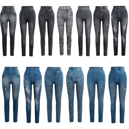 

Женские поножи Faux Denim Jeans Печатные тощие брюки Casual Tights Stretch Slim Pencil Pants