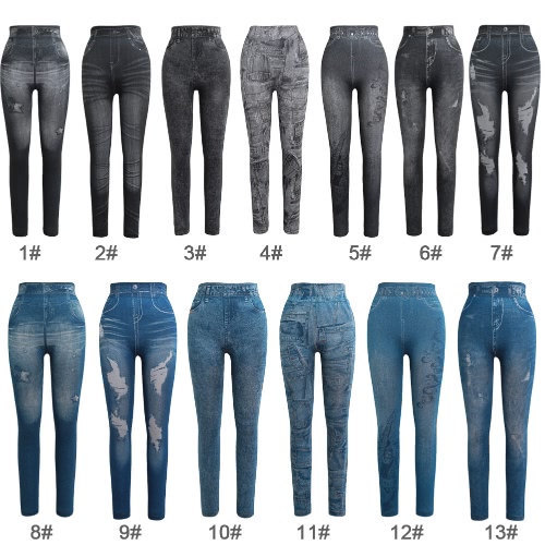 

Women Leggings Faux Denim Jeans Printed Skinny Trousers Casual Tights Stretch Slim Pencil Pants