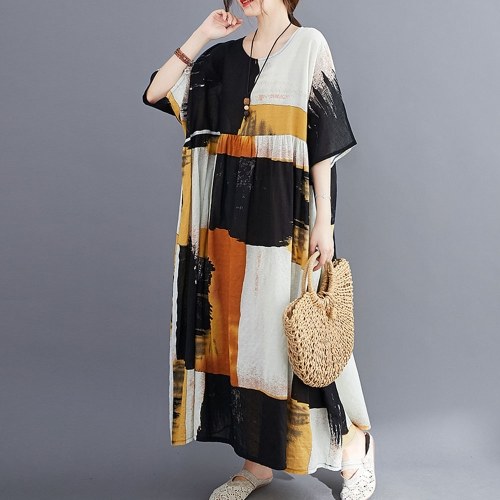 

Summer Vintage Women Cotton Linen Dress Print Spliced Striped O Neck Short Sleeve with Pocket Loose Dress