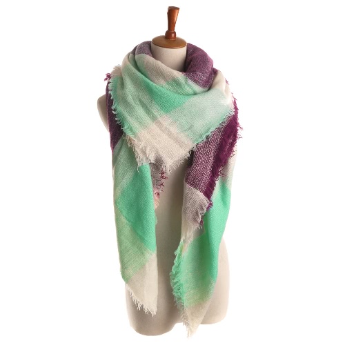 New Women Square Scarf Faux Cashmere Pashmina Contrast Color Plaids Tassels Vintage Shawl