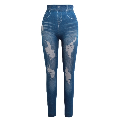 Women Leggings Faux Denim Jeans Printed Skinny Trousers Casual Tights Stretch Slim Pencil Pants