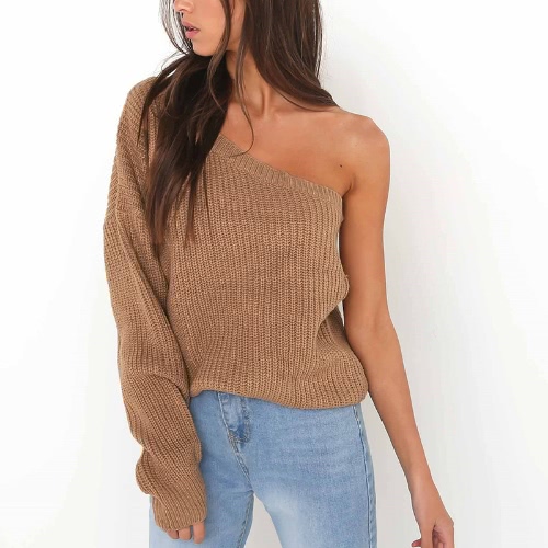

Sexy Women One Shoulder Solid Knitted Sweater