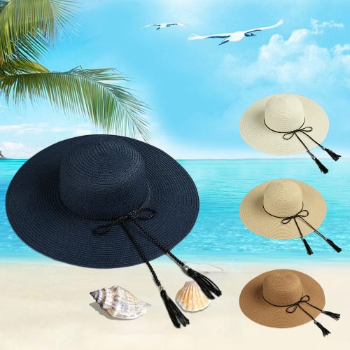 

Летняя мода Женщины Стро Floppy Hat Брим Широкий кисточкой Складная Sun Beach Holiday Повседневный Cap