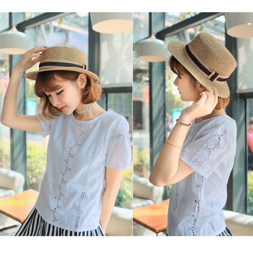 

New Fashion Women Straw Hat Ribbon Trim Wide Brim Summer Sun Beach Holiday Cap Fedora Trilby Hat