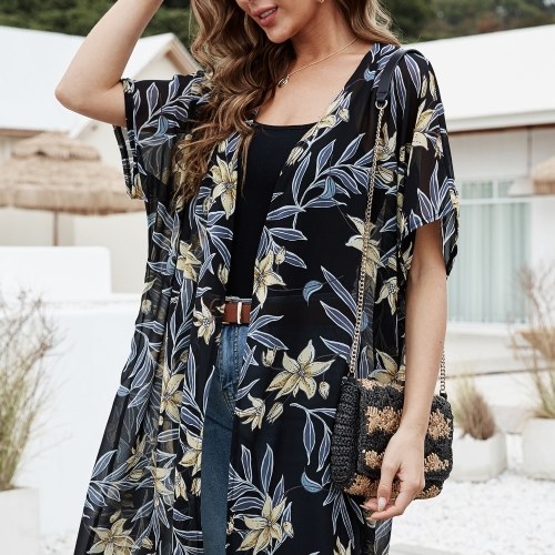 

Women Summer Loose Kimono Cardigan Floral Printed Open Front Short Sleeve Beach Holiday Bikini Cover ups