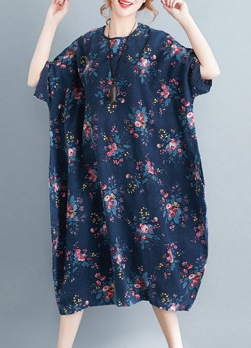 

Women Floral Print Loose Dress Side Pocket Baggy Long Dress