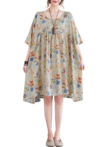 

Women Loose Dress Printed Half Sleeve Vintage Casual Holiday Beach Dress