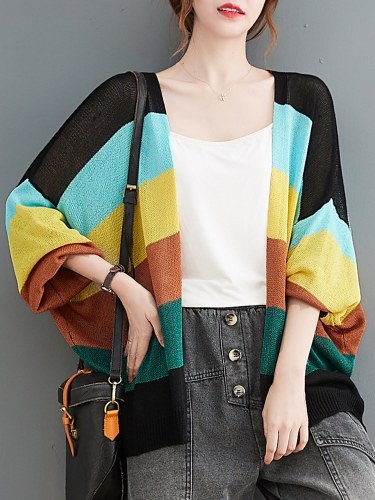 

Women Knitted Cardigan Open Front Striped Contrast Color Long Sleeve Loose Casual Cover ups