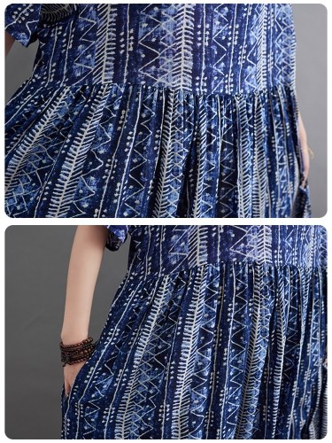 

Women Loose Dress with Pockets Vintage Printed Short Sleeved Casual Holiday Beach Dress