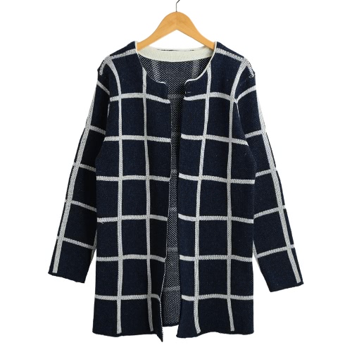 Women Knit Coat Plaid Open Front Long Sleeves Casual Knitted Long Sweater Cardigan Green/Dark Blue