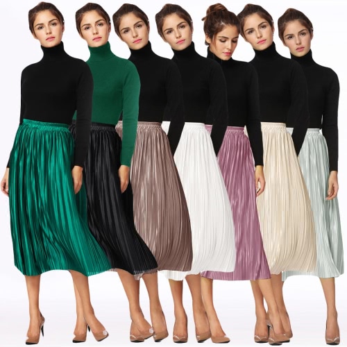 

New Brief Europe Pleated Skirt Solid Color High Waist Elasticated Waistband Lined Midi Skirt