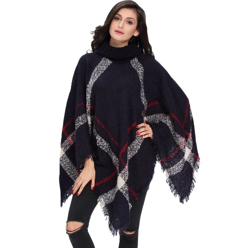 Brasão New inverno das mulheres de malha Poncho Cabo Stripe Tassel Turtleneck Quente Xaile Capuz Manto Sweater