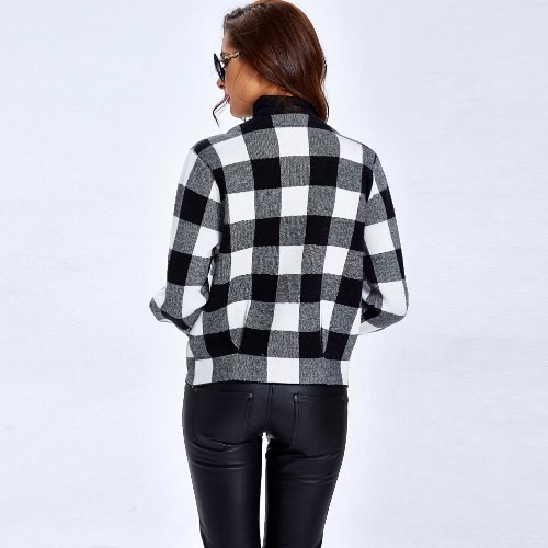 

New Winter Women Knitted Coat Sweater Cardigan Contrast color Plaid O-Neck Pocket Long Sleeve Short Coat Outerwear Sweater Tops Red/Black