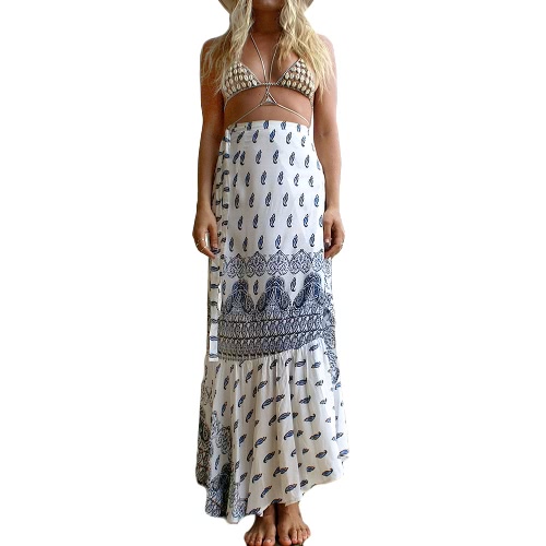 

Bohemian Print Maxi Skirt Tie Waist Wraparound Ruffle Hem Split Long Skirt
