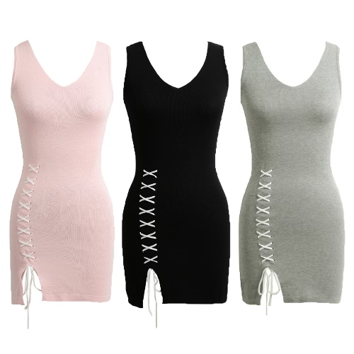 

New Sexy Women Sleeveless Knitted Dress Bandage Lace-Up V Neck Split Solid Slim Dress Mini Dress Black/Pink/Grey