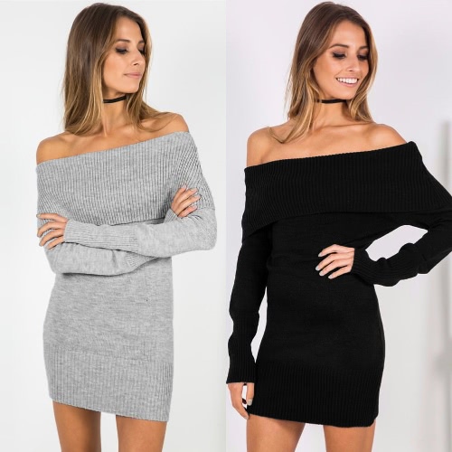 

Зимние женщины с плеча трикотажные Bodycon платье с длинным рукавом осень Sexy Party короткое платье черный / серый