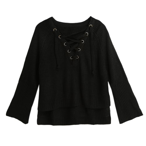 Flare Sleeve Knitted Sweater Women Lace Up V-Neck Pullover Sexy Jumper Casual Loose Split Knitwear