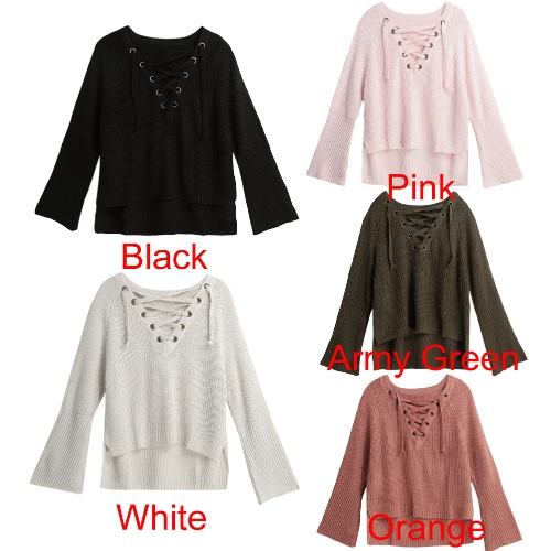Flare Sleeve Knitted Sweater Women Lace Up V Neck Pullover Sexy Jumper Casual Loose Split Knitwear huismerk kopen in de aanbieding Flare Sleeve Knitted Sweater Women Lace Up V Neck Pullover Sexy Jumper Casual Loose Split Knitwear huismerk kopen in de aanbieding