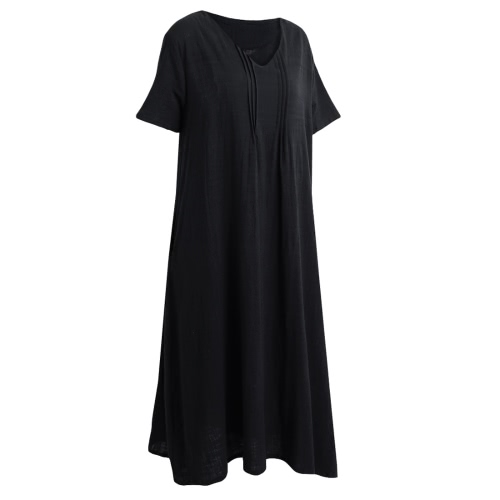 Fashion Women Linen Maxi Dress Deep V Short Sleeves Side Pockets Plus Size Robe Long Dress Black/Grey