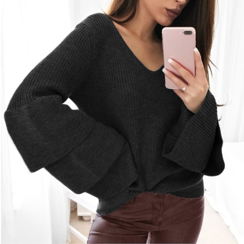 

Модные зимние женские трикотажные V шеи длинный Ruffles Flare Sleeve Sweater