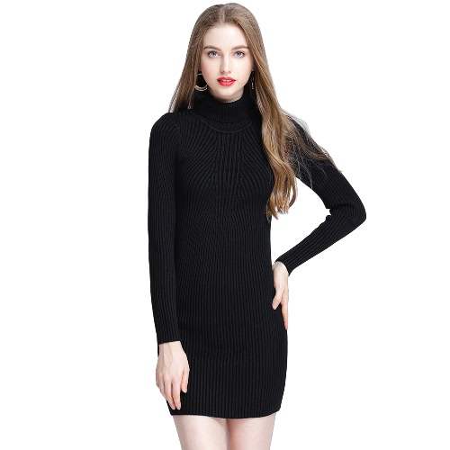 Women Autumn Winter Sweater Dress Slim Turtleneck Sexy Bodycon Solid Color Casual Knitted Dress