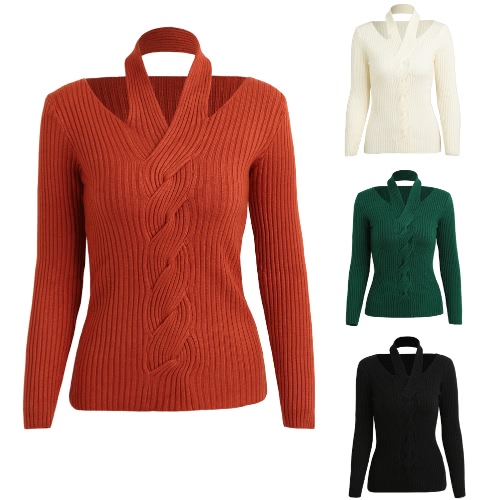 

Женщины сплошной трикотажный свитер Rib Pullover Jumper Холтер шеи с длинным рукавом Twist Slim Knitwear Top