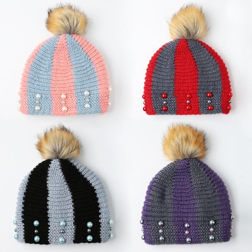 

New Women Winter Hat Beanie Knit Cap Contrast Stripe Pom Pom Bead Causal Slouchy Baggy Skullies