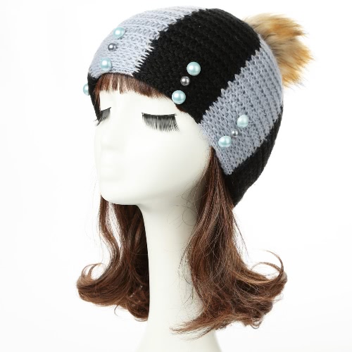 New Women Winter Hat Beanie Knit Cap Contrast Stripe Pom Pom Bead Causal Slouchy Baggy Skullies