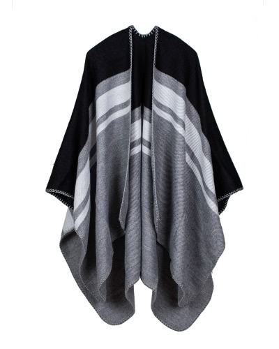 Vintage Women Knit Shawl Poncho Faux Cashmere Stripe Pattern Oversized Long Bohemia Cape