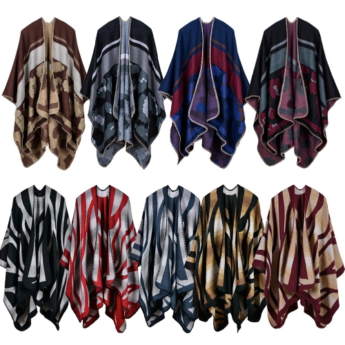 

Fashion Women Poncho Cardigan Sweater Contrast Color Striped Leopard Faux Cashmere Capes Shawl Scarf Loose Outerwear