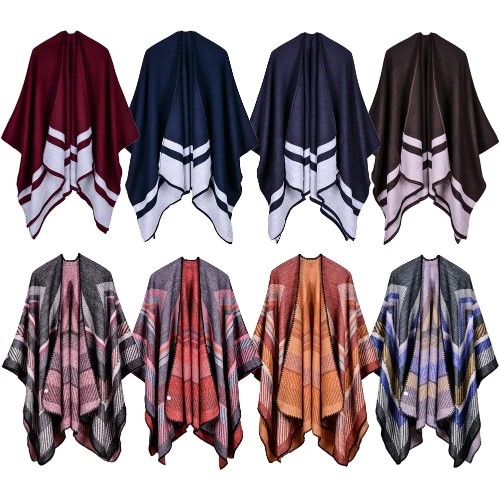 

Women Poncho Scarf Cardigan Sweater Geometrical Striped Warm Cape Shawl Long Scarves Pashmina Outwear
