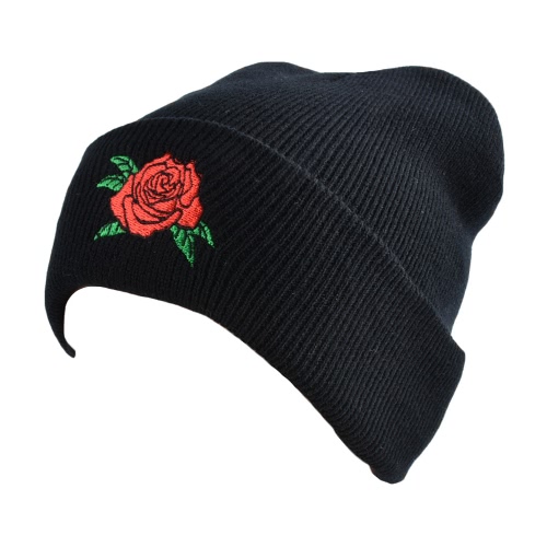 

New Unisex Women Men Beanie Hat Rose Embroidery Warm Hip-Hop Cool Knitted Cap Headwear